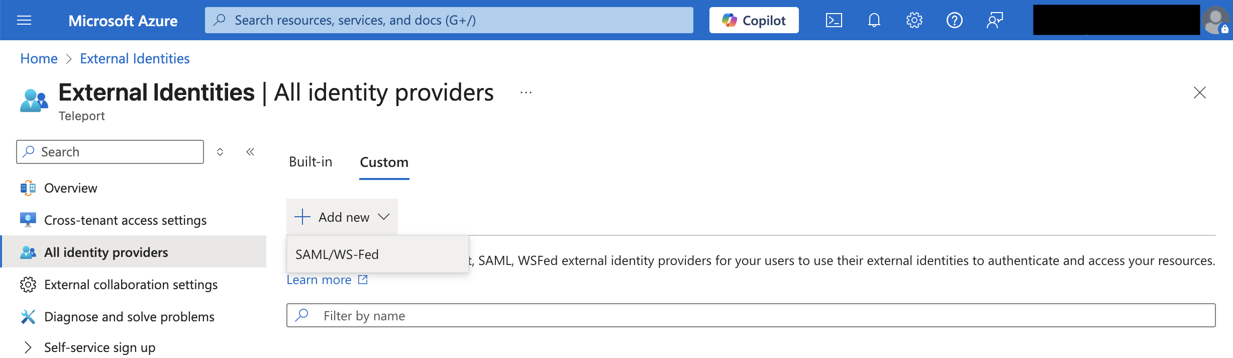 Add new SAML IdP in Microsoft Entra External ID